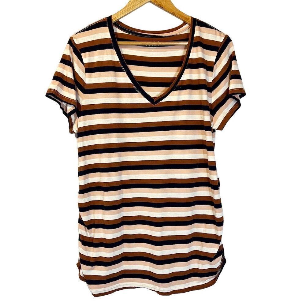 Isabel Maternity Brown Striped V-Neck Tee Shirt Short Sleeve‎ Size M